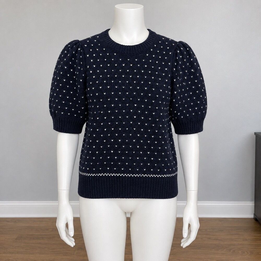 Ann Taylor Women M Navy Puff Sleeve Sweater White Heart Knit Preppy Romantic